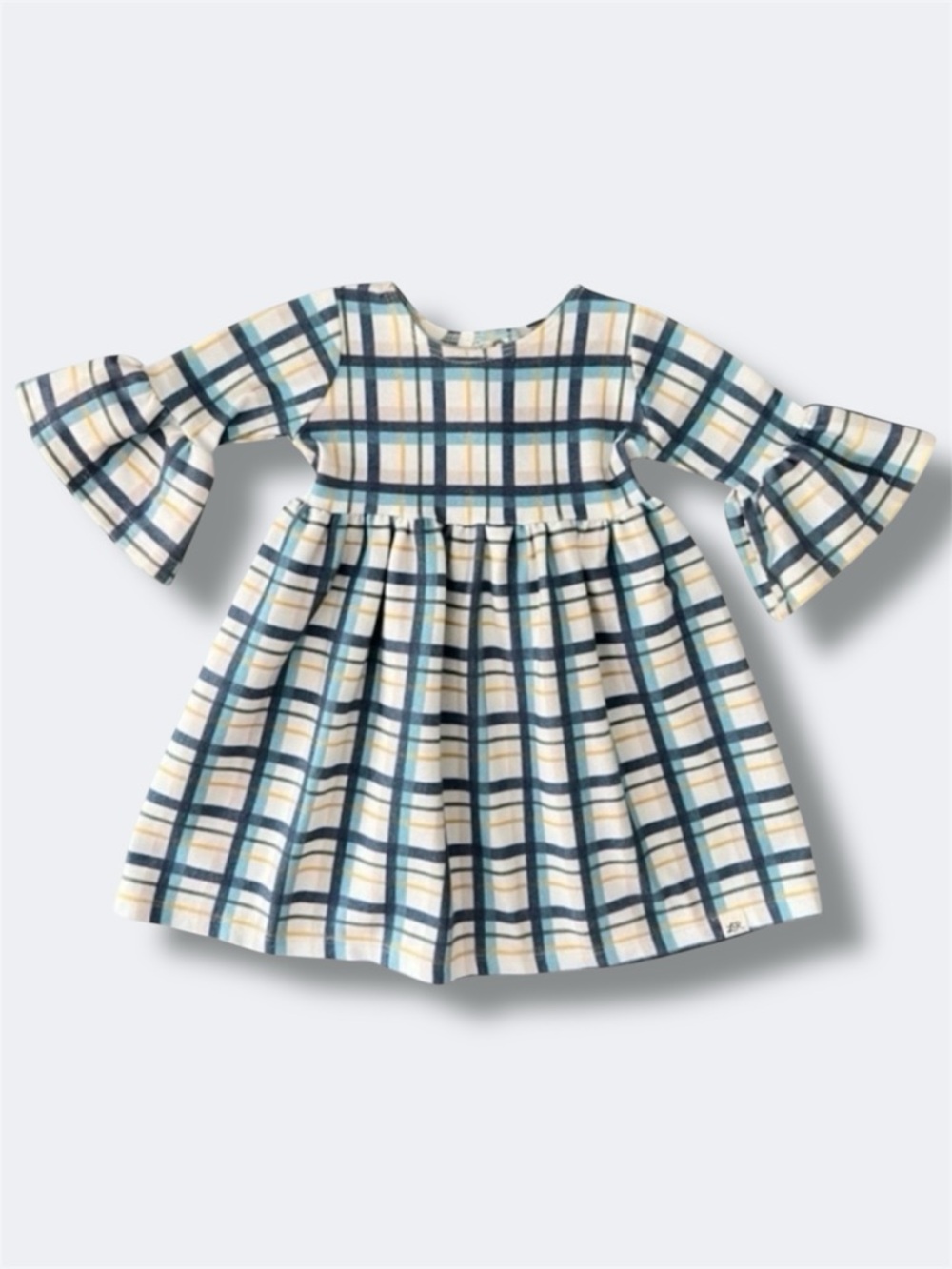 Lulu + Roo Plaid Dress 12-18M Handmade USA Knit Bell Sleeve Snap Back Toddler